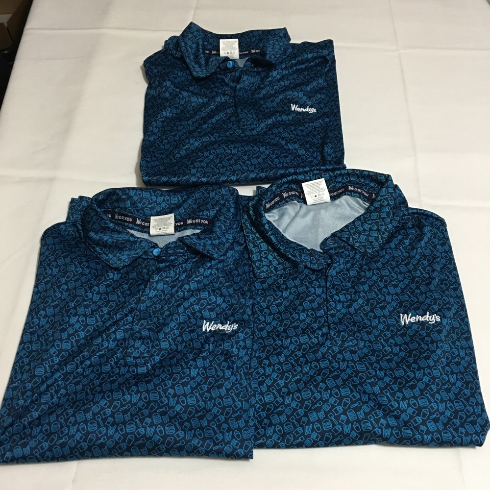 Lot of 3 Barco Uniforms Polo Shirt Mens Medium Blue Short Sleeve Wendy's Logo